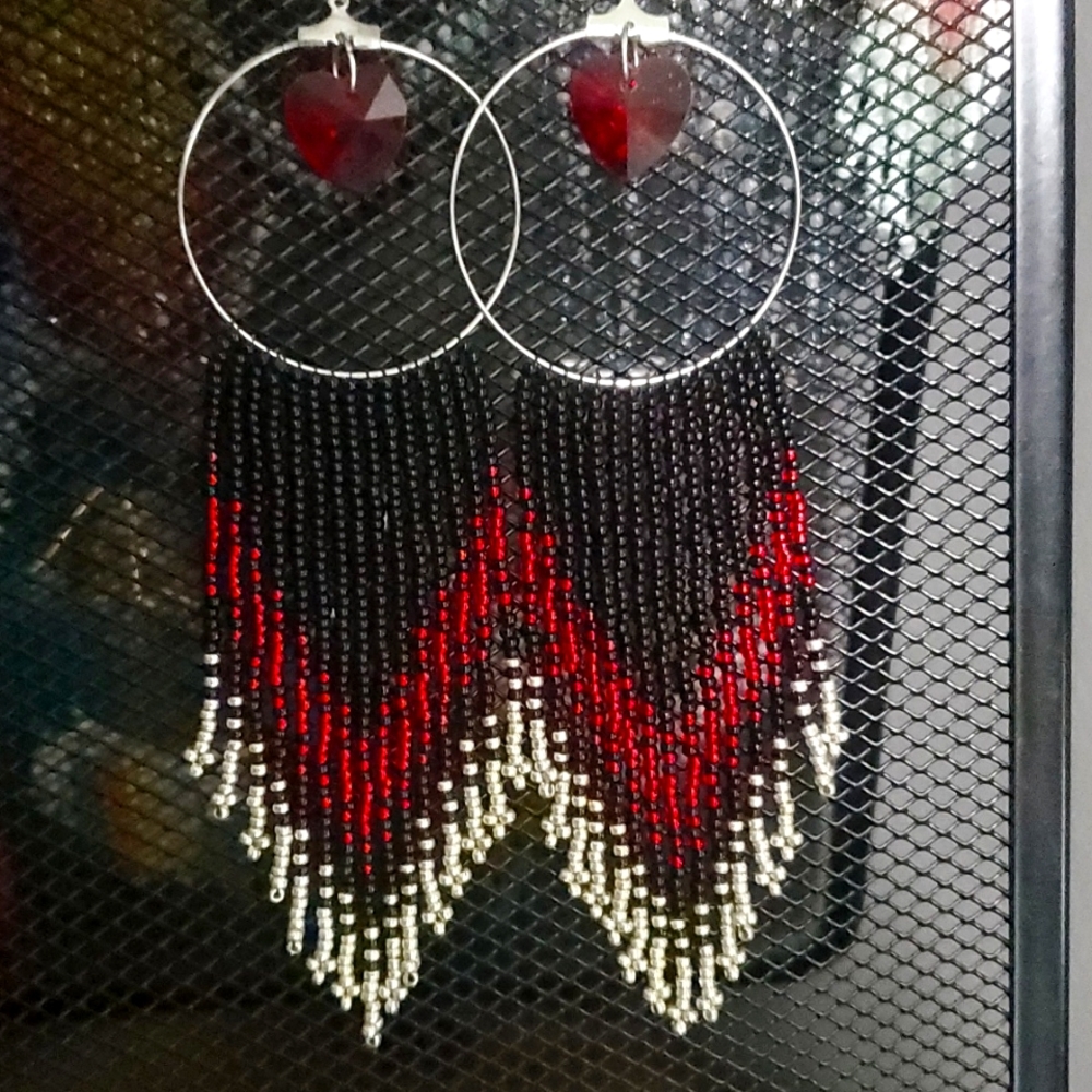 Hand made crystal heart beaded fringe boho earrings